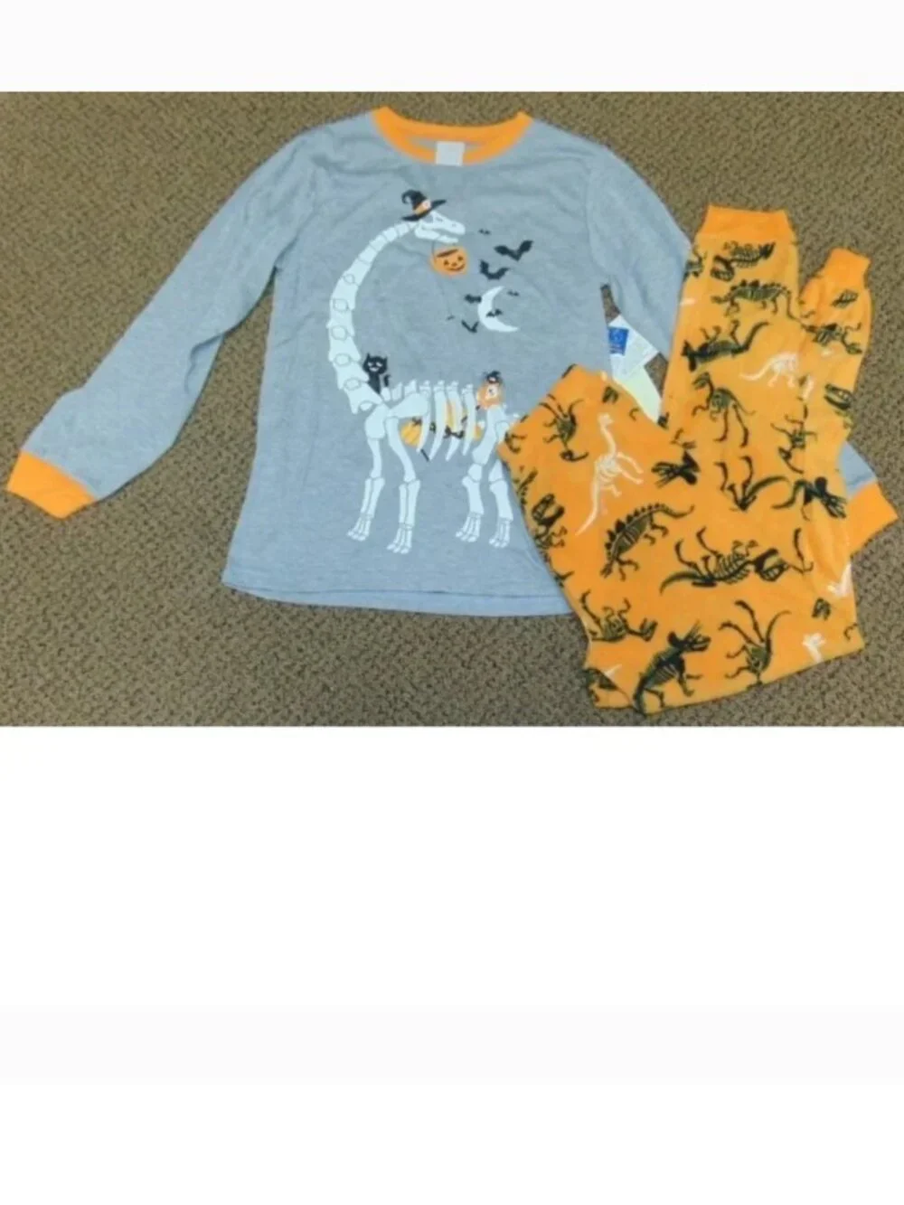 Skeleton Dinosaur Halloween Pajamas 10/12 Gray Shirt & Orange Pants 2 Pc Kids